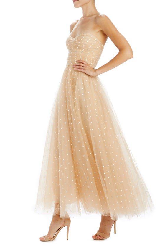 rose gold tea length dress