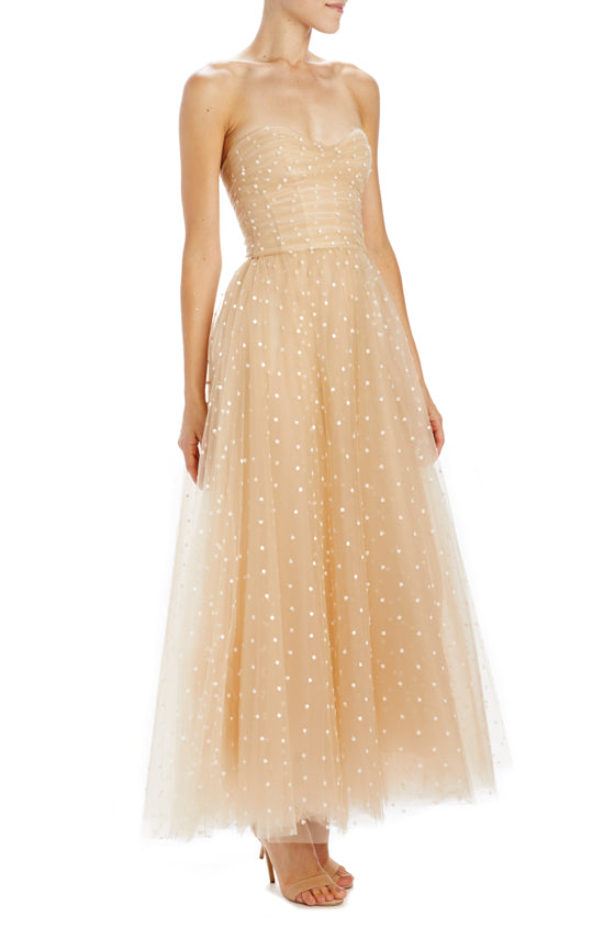 Polka Dot Strapless Tea Length Dress 