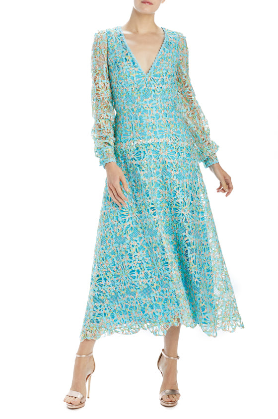 teal tea length dress