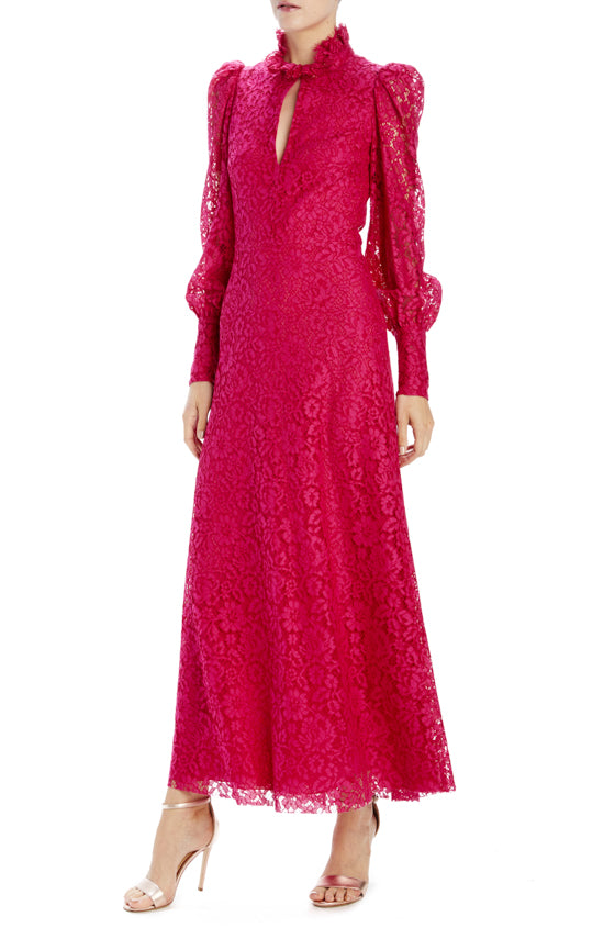 monique lhuillier red floral lace gown