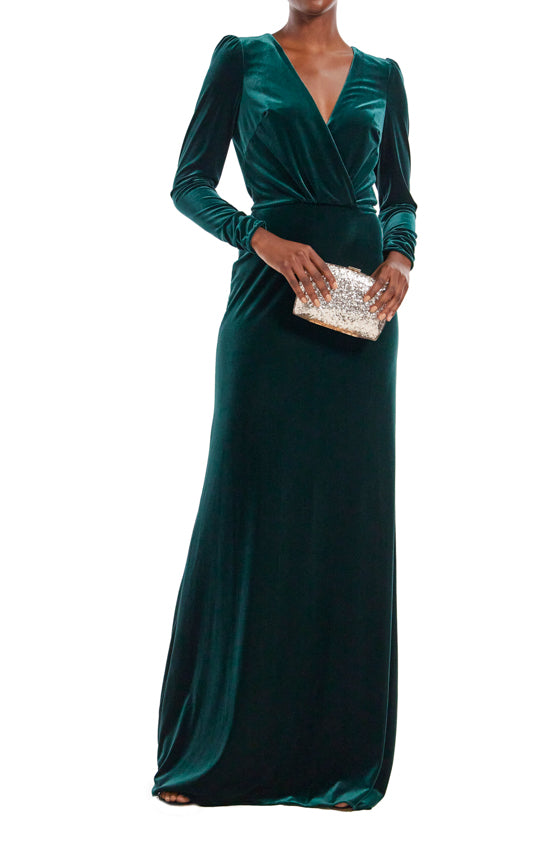 Draped V-Neck Long Sleeve Velvet Dress