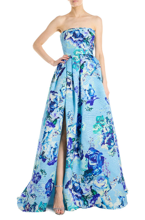 Strapless Floral Jacquard Gown