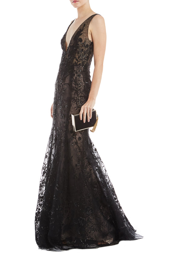 black embroidered evening dress