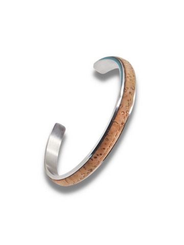 Mens Bracelet in Stainless Steel Cuff with an inlay of Cork Bark