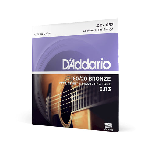 D'Addario EJ13 80/20 Bronze Acoustic Guitar Strings, Custom Light, 11-52