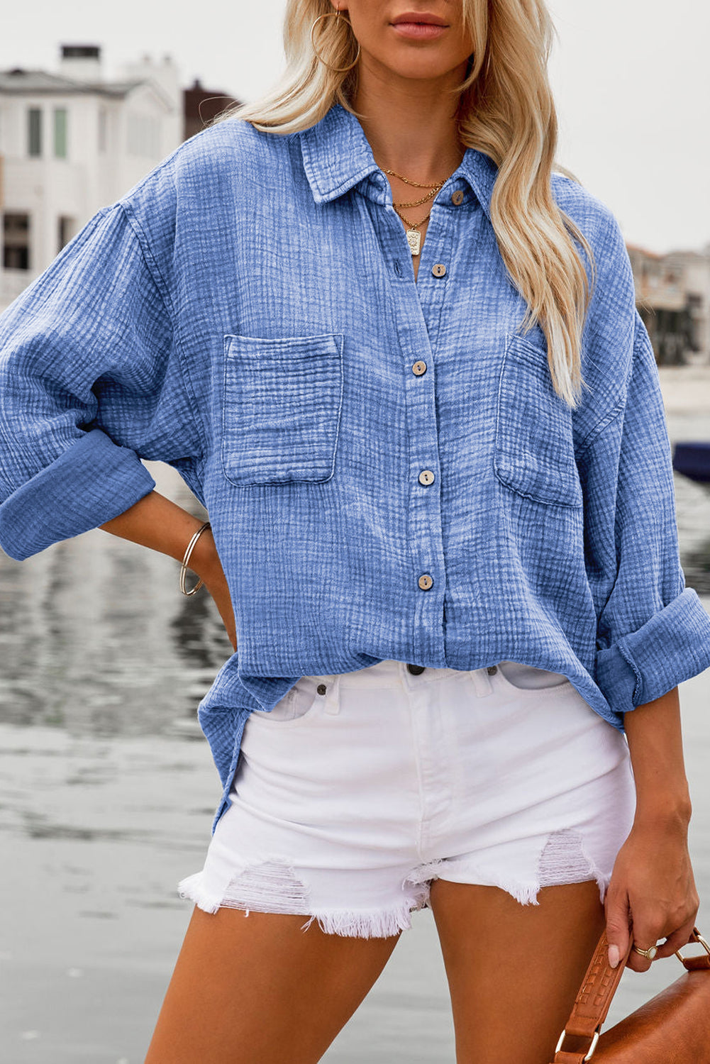 ΑΜΕΣΑ ΔΙΑΘΕΣΙΜΟ: γαλάζιο πουκάμισο με κουμπιά και τσέπες JANNET SKY