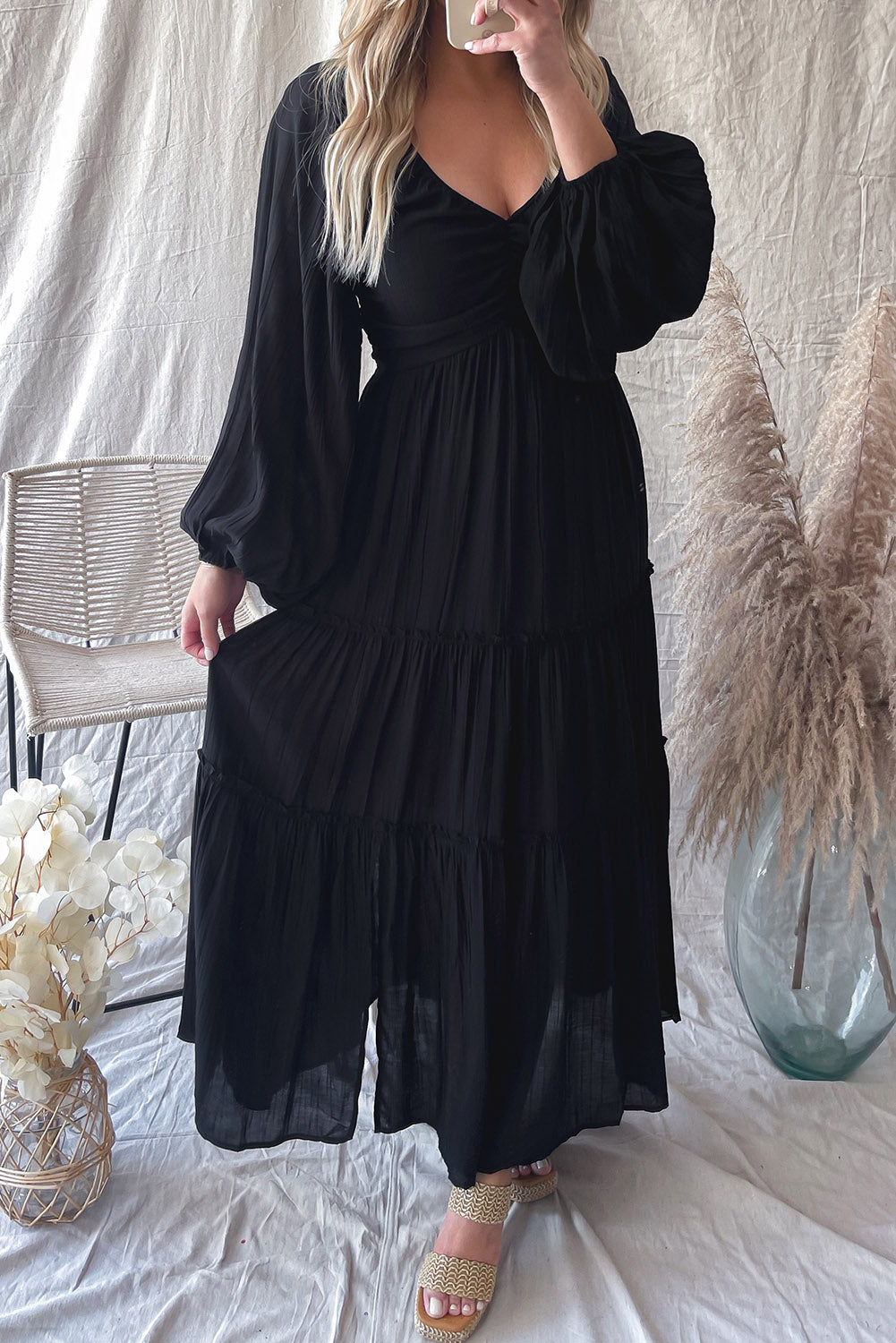 ΑΜΕΣΑ ΔΙΑΘΕΣΙΜΟ: μαύρο μάξι φόρεμα με V ντεκολτέ TOMMYE BLACK