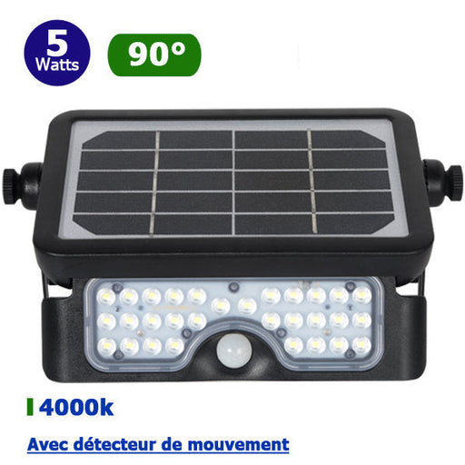 Projecteur LED solaire avec détecteur de mouvement - Série SOFT - 5 Watts - 500 lumens - 100 lumens/Watt - 218 x 150 x 34 mm - 90 degrés - IP65