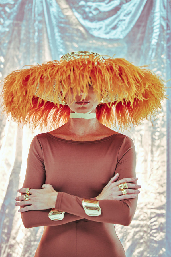 Sam Bolero, Wheat Straw Hat with Ostrich Feather Trim, Rust