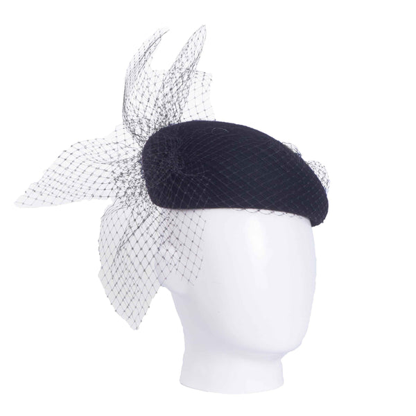 Aya, Wool Felt Beret with Veiling Trim, Black