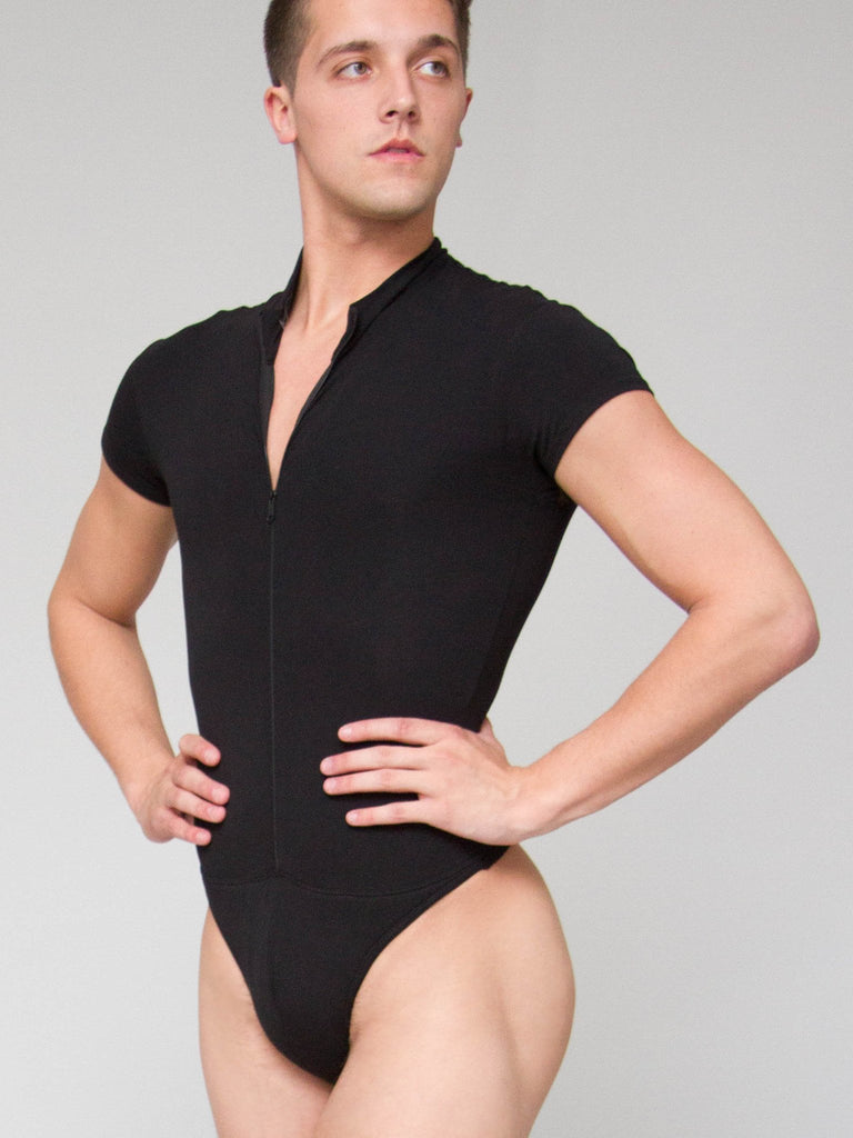 Zip Front Short Sleeved Leo with Built-in Thong Dance Belt - MENS. 