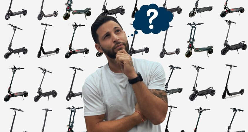 A Person appears to be thinking with pictures of electric scooters behind him