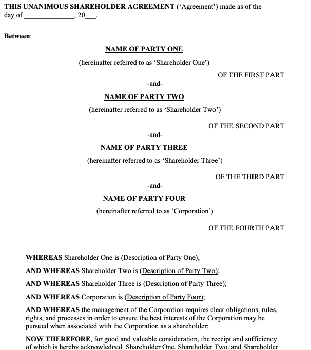 Unanimous Shareholder Agreement Template