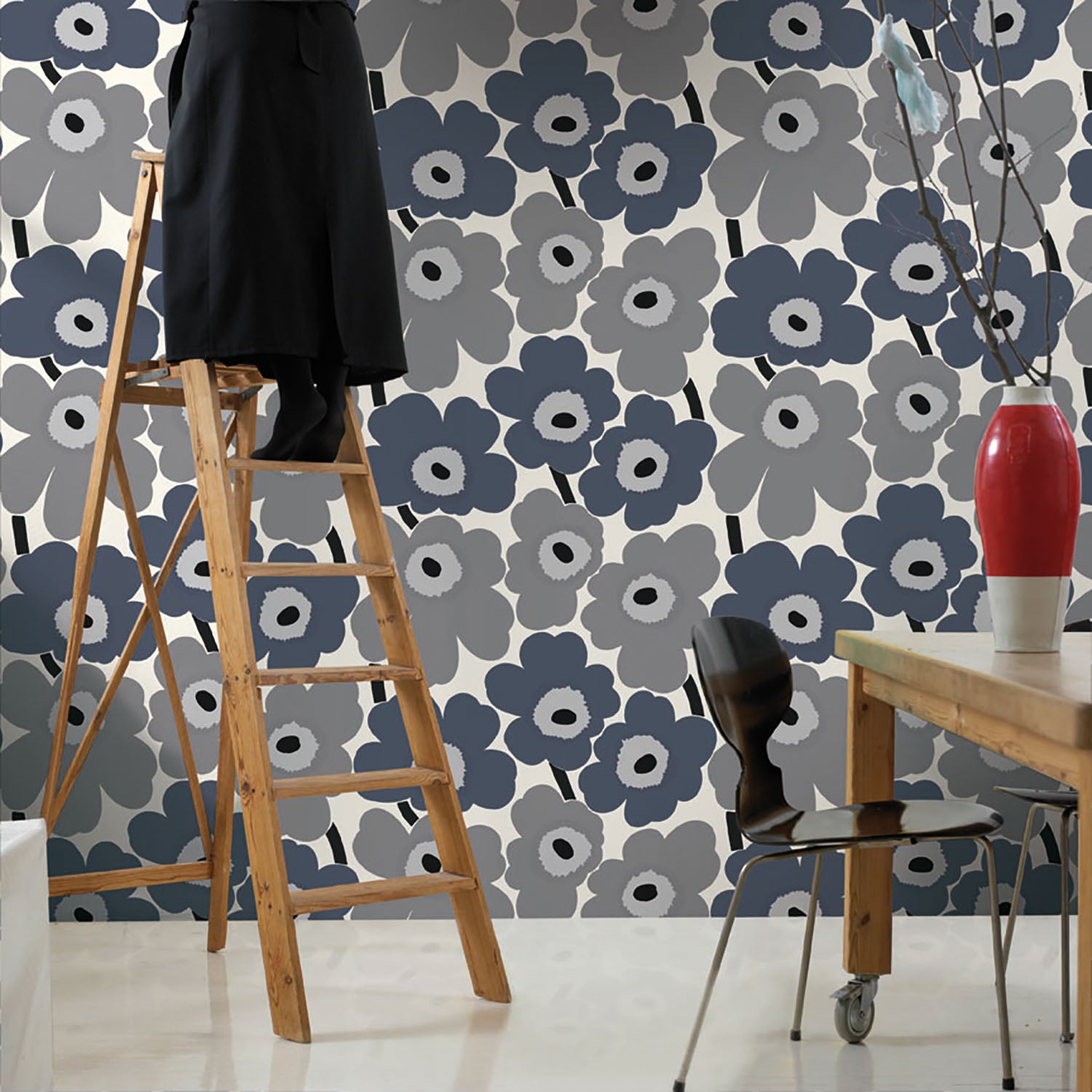 Marimekko Unikko Steel Blue And Gray Wallpaper | DecoratorsBest