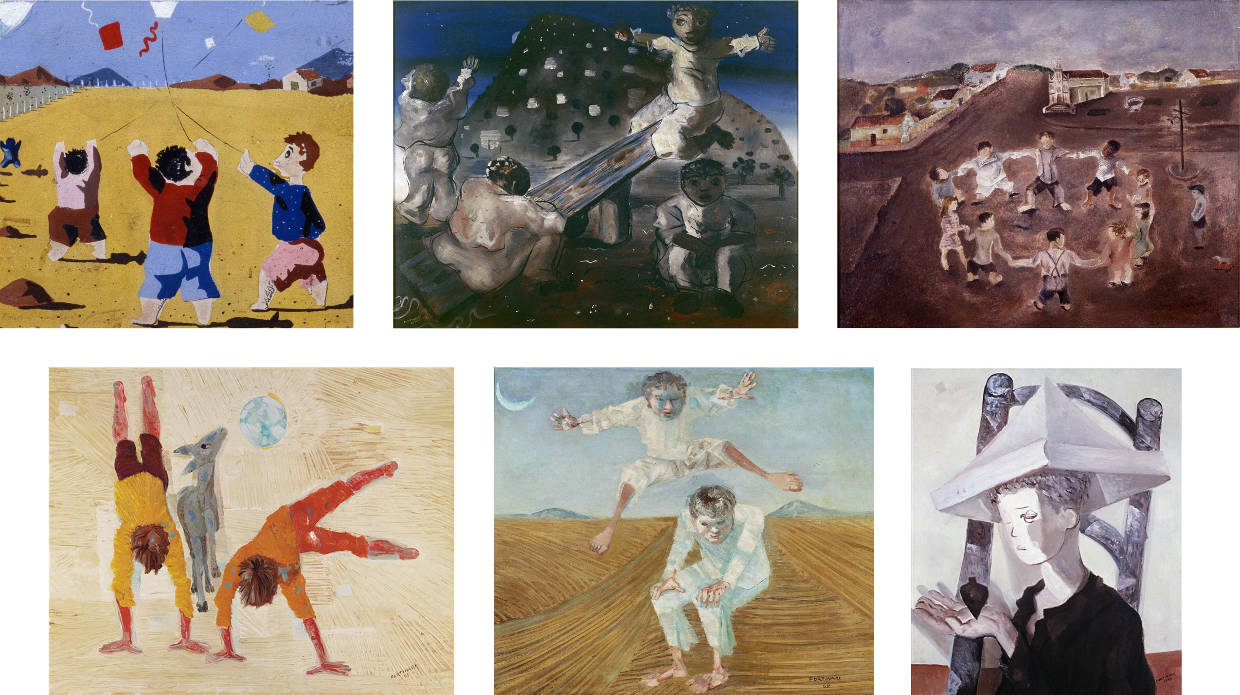 1. Boys Flying Kites, 1952. Candido Portinari. Painting, gouache on paper; image: 14 cm x 15.5 cm. Projecto Portinari. 2. Children Playing, 1940. Candido Portinari. Painting, oil on canvas; image: 81cm x 100cm. Projecto Portinari. 3. Children’s Dance, 1932. Candido Portinari. Painting, oil on canvas; image: 39 cm x 47cm. Projecto Portinari. 4. Boys Playing, 1955. Candido Portinari. Painting, oil on Canvas; image 60 cm x 72.5 cm. Projecto Portinari. 5. Boys Playing Leapfrog, 1957. Candido Portinari. Painting, oil on wood; image: 53.5 cm x 64.5 cm. Project Portinari. 6. Boy with Top, 1947. Candido Portinari. Painting, oil on canvas; image: 65 cm x 54 cm. Projecto Portinari.