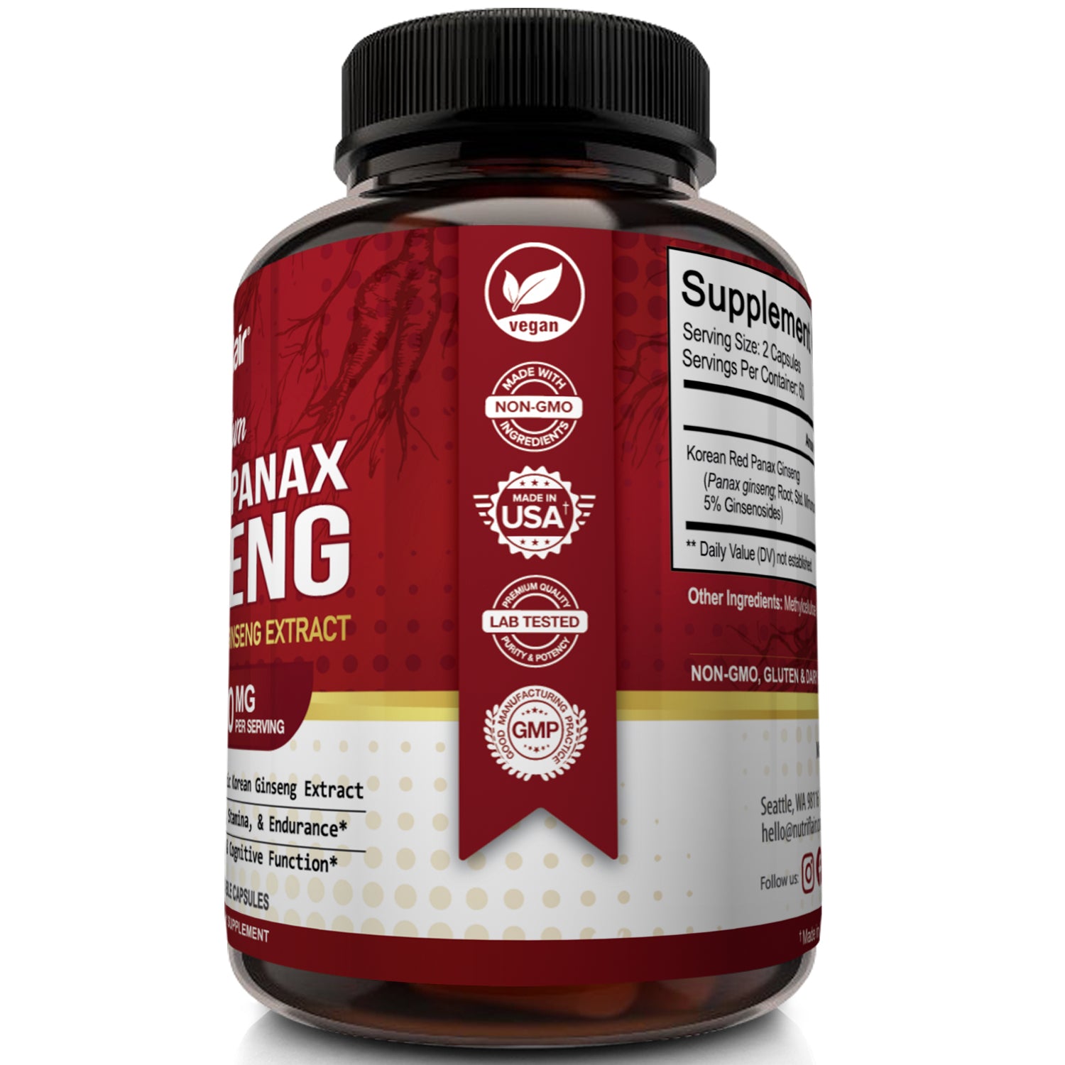 Korean Red Panax Ginseng 1600mg 120 Capsules Nutriflair 6853