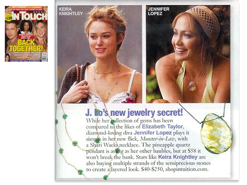 cover of inTouch magazine plus inner article featuring keira knightley and jennifer lopez wearing shari wacks necklaces
