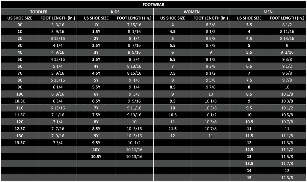 SIZE CHART – BOOTCAMP Football Shop