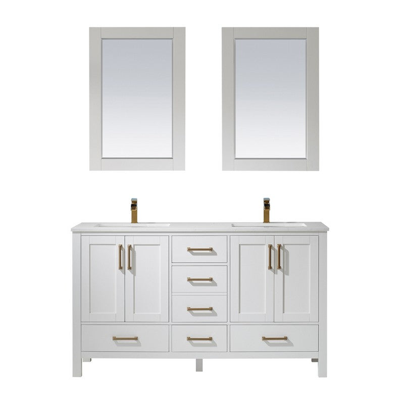 Vinnova Shannon 60" Double Vanity in White and Composite Carrara White Stone Countertop With Mirror