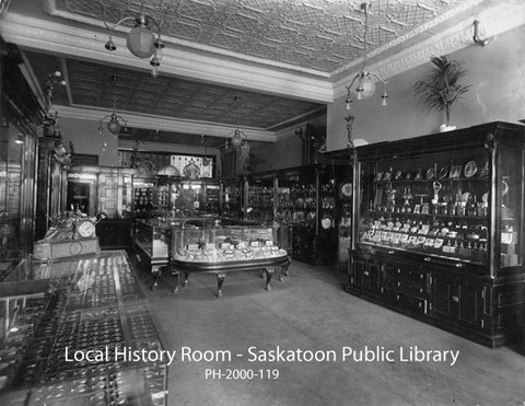 Black and White Photo of Wheatley Bros interior, display cases