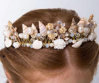 Gold Little Mermaid Tiara with Seashells, Pearls and Flowers - Island Mermaid Tribe