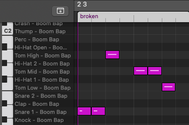 a midi drum fill in a piano roll showing two snares followed by a high tom. There's then a break for a beat, followed by two mid toms, a low tom, and then another break for a beat.