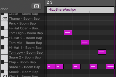 MIDI notes in a piano roll showing two snares then a hi tom, snare, then mid tom and snare, then a low tom and then snare.