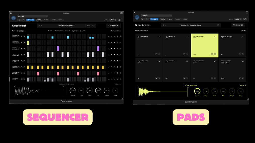 Overview of Splice Beatmkaer  the image shows the Pad view and the Sequencer view side by side