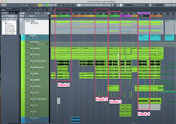 A screen grab of the DAW of Ian Kirkpatrick's session of Dua Lipa's Pretty Please. Each Hook is annotated to show how each hook gets progressively more complex with drum sounds