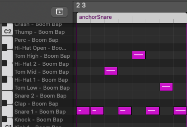 MIDI notes showing a drum fill anchored in a snare hit. It's two snare hits then a mid tom, snare, high tom, snare, low tom and finishes with a snare.