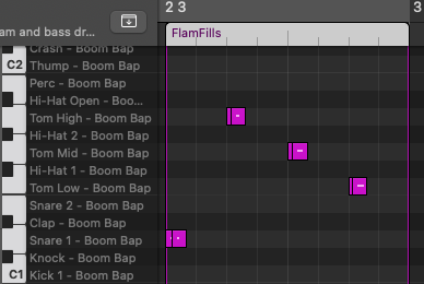 a drum fill in midi notation in a piano roll using Flams. It goes from snare to high tom, to mid tom, to low tom. Each hit has a flam.