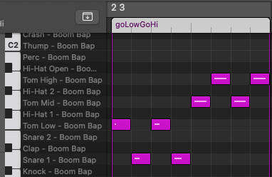 MIDI drums in a piano roll showing a drum fill. It shows a 4 note pattern alternating between low toms and snares. That's followed by a similar pattern alternating between the mid tom and the high tom