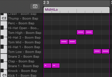 MIDI notes in a piano roll showing two snares, then two mid toms, then two hi toms, and lastly two low toms