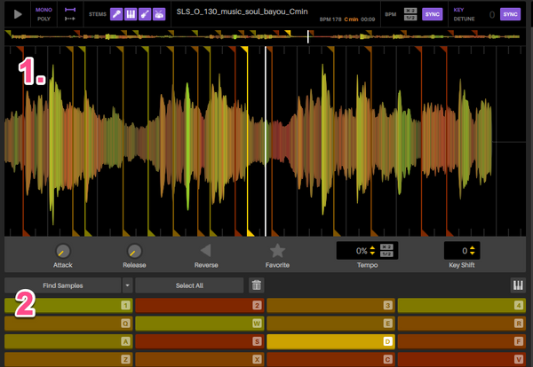A screenshot of Serato Studio annotated. The top section is the sample and the bottom section is the keys to play the chops of the sample