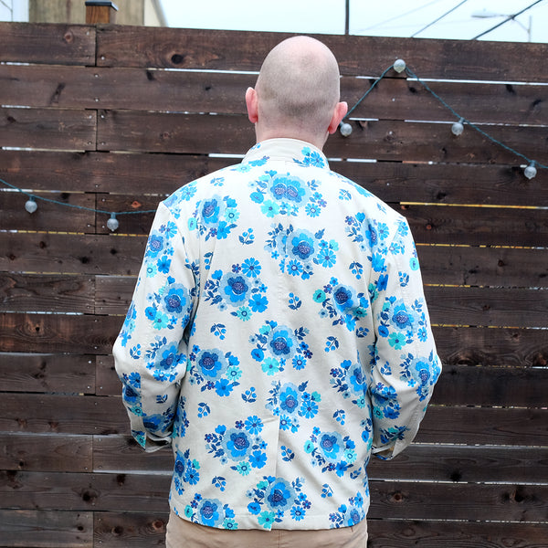 Blue floral jacket, back view