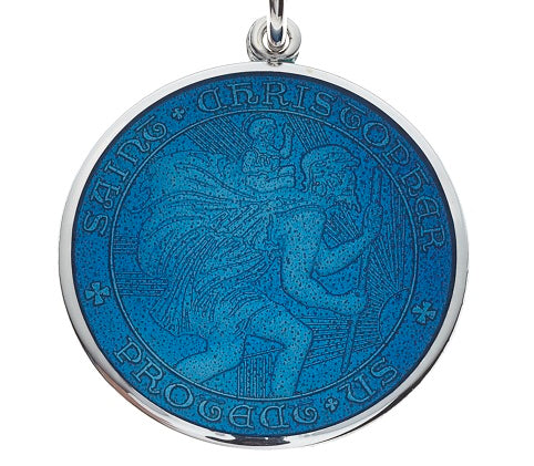 Sterling Silver 26x20 mm Blue Enamel St. Christopher Medal - Gold