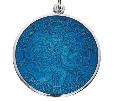 Oval Saint Christopher Blue Enamel Solid Sterling Silver Protect US Necklace 26.00x20.00 mm