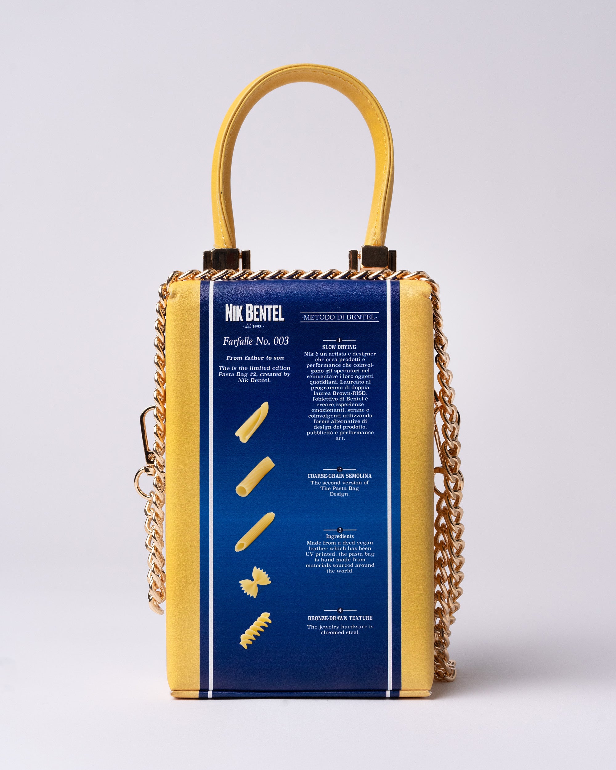 nik bentel transforms classic box of pasta into trendy mini fashion bag