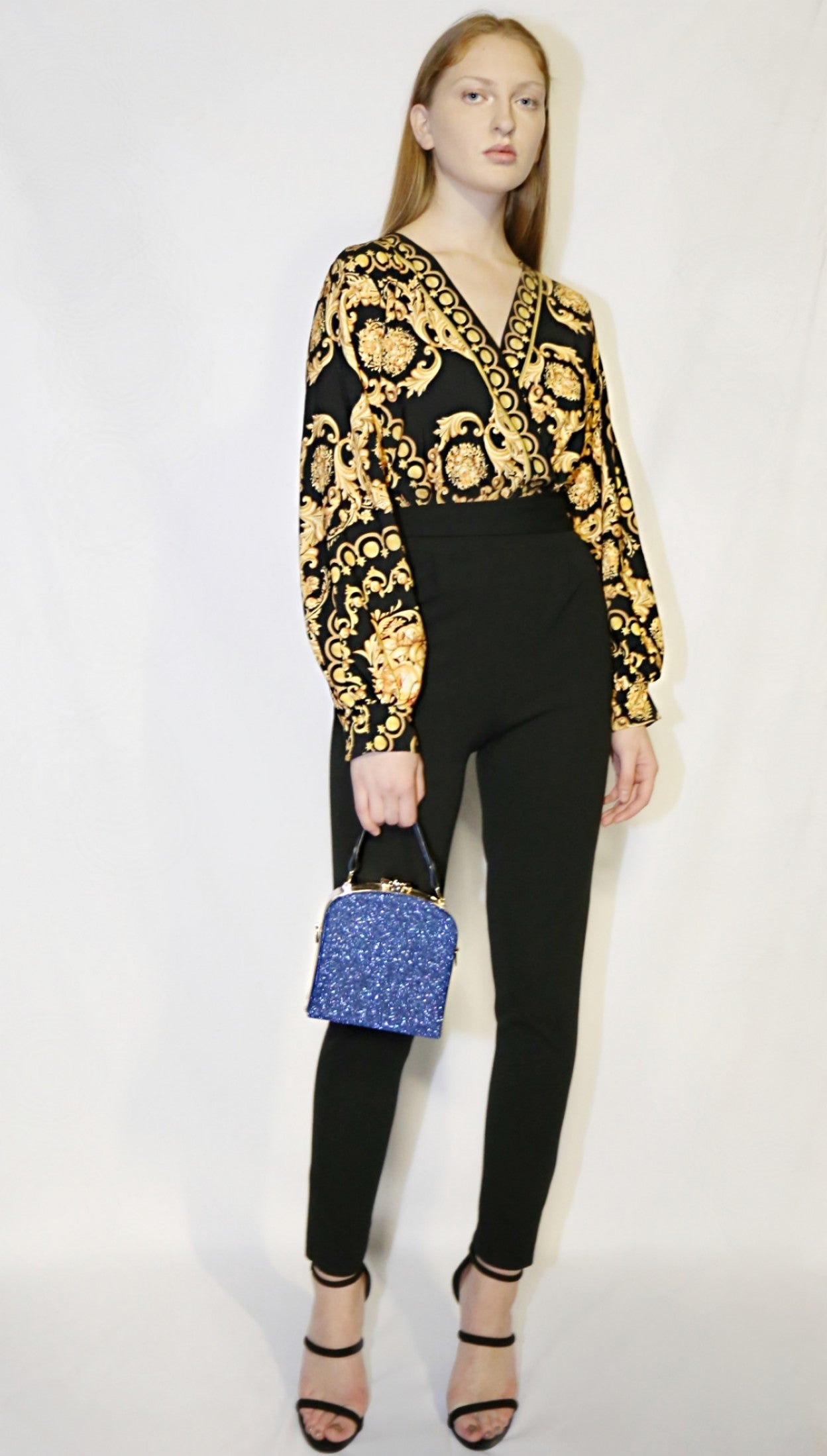 Versace-inspired jumpsuit with handbag 