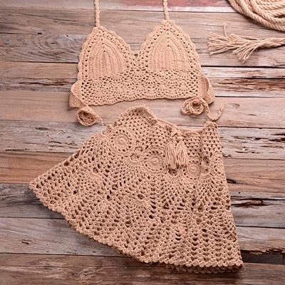 Two-piece Crochet Women Bikini Set Cover Up Swimsuit Swim Skirt Swimwe ...