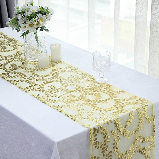 White 48X120 in Sheer Tulle Table Runner with Faux Pearls Party Linens