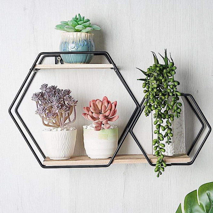 2 Tier Hexagon Metal with Wood Geometric Floating Shelf - Black and Natural