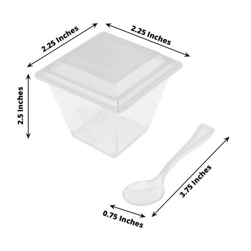 24 Clear 4 oz Square Plastic Dessert Cups with Lid and Spoon Set