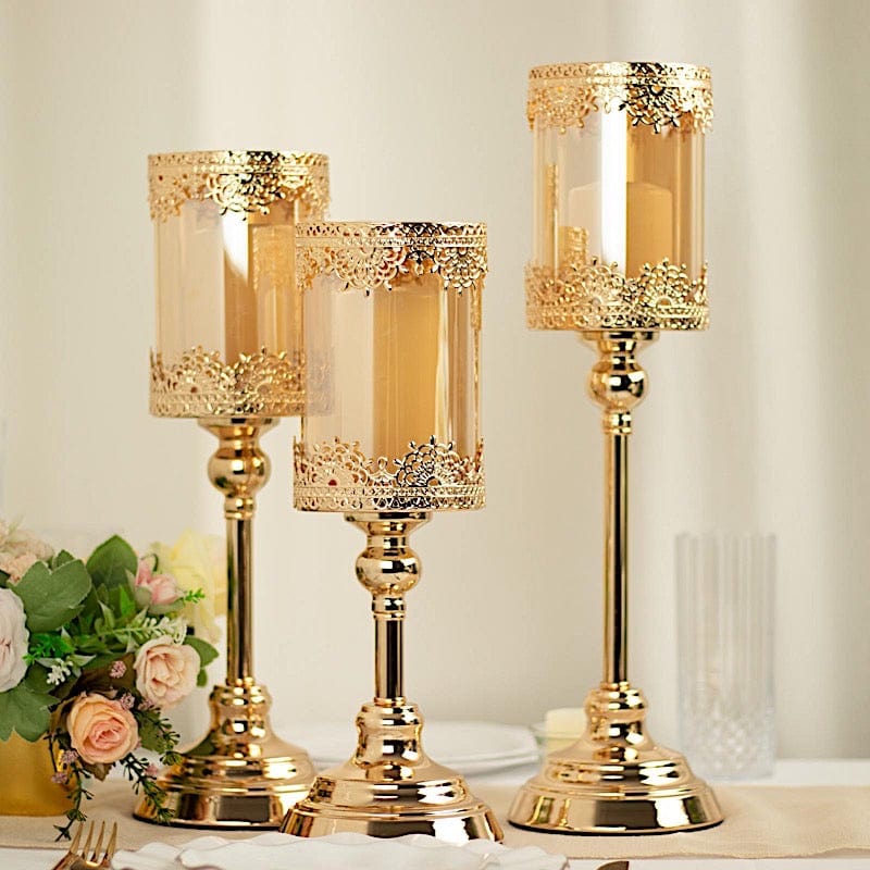 3 Lace Design Metal with Glass Votive Candle Holders Centerpieces - Antique Gold