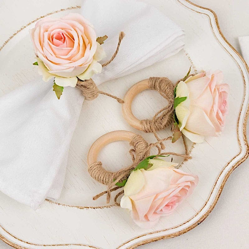 4 Round Wooden Napkin Rings with Jute and Silk Rose Flower - Natural and Blush