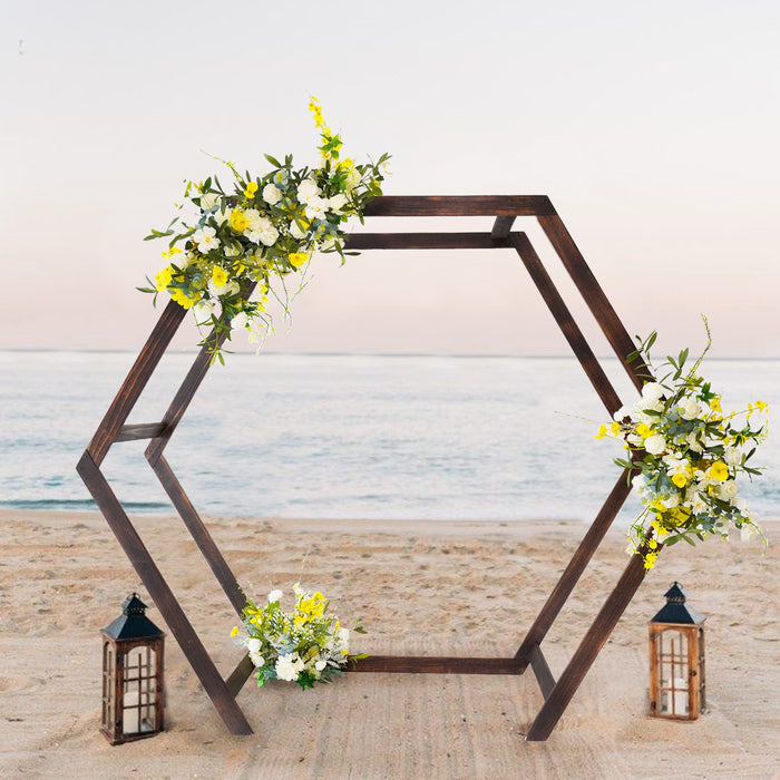 7 ft Hexagon Natural Wood Wedding Arch Backdrop Stand - Dark Brown