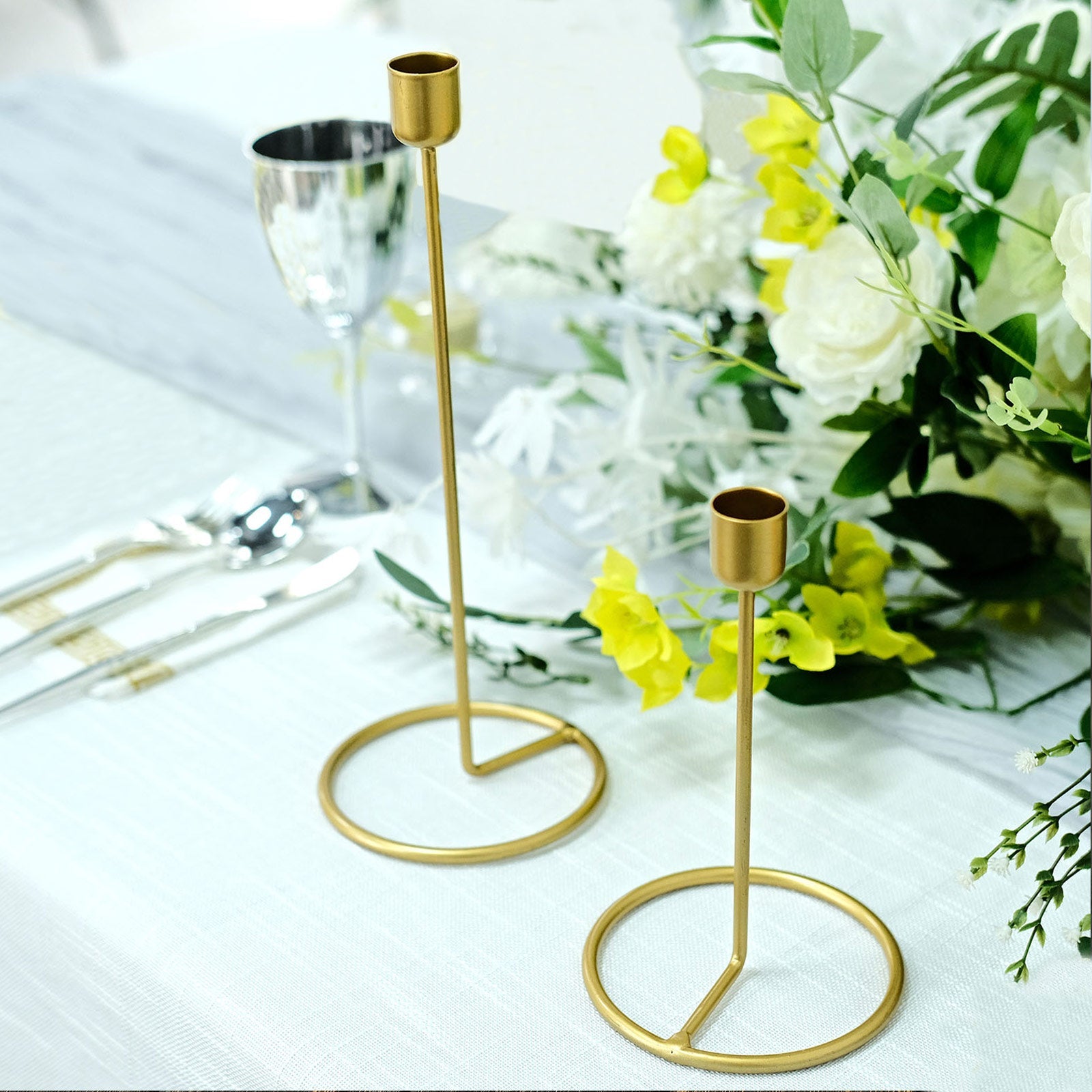 2 Metal Geometric Taper Candle Holders with Ring Base - Gold