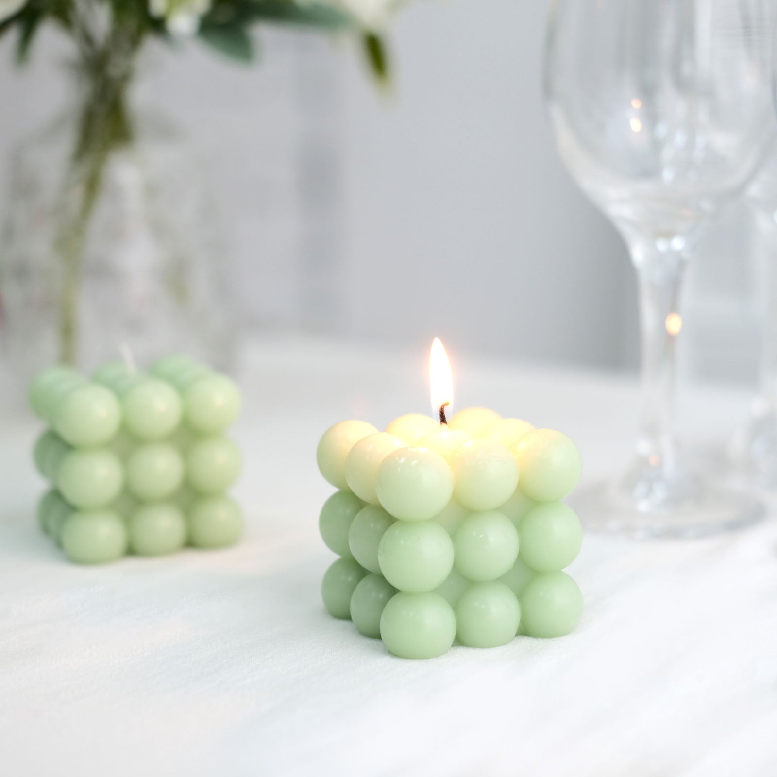 2 Bubble Cube Unscented Paraffin Wax Candles Wedding Centerpieces - Sage GReen