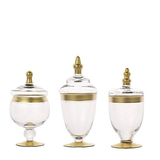 Efavormart Set of 3 Gold Trimmed Glass Apothecary Candy Jars with Lids -10 inch/14 inch/16 inch