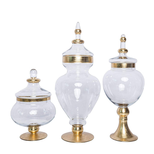 Efavormart Set of 3 Gold Trimmed Glass Apothecary Candy Jars with Lids -10 inch/14 inch/16 inch